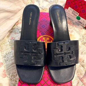 Tory Burch Double Stacked Black Leather Mules